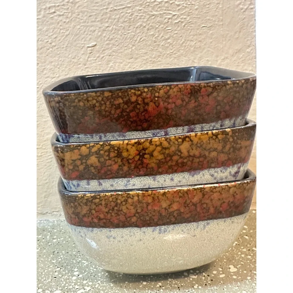 MasterCuisine Square Stoneware Bowls Set of 3 Tan‎ Blue Speckled Black Interior